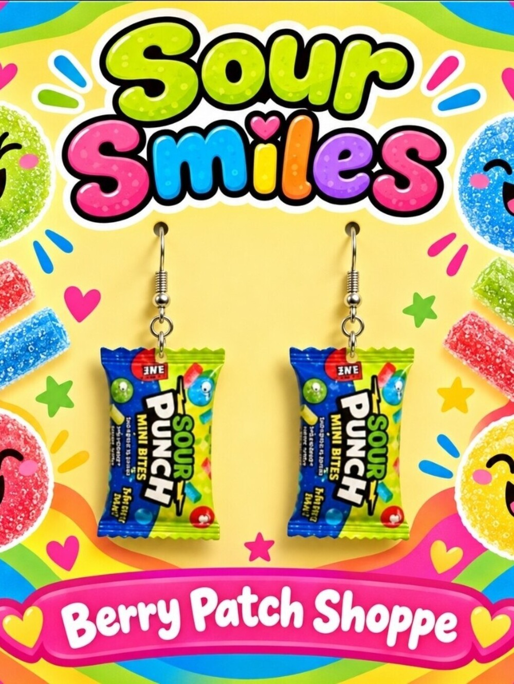 Fun Jewelry Mini Sour Punch Gummy Candy Hypoallergenic Earrings